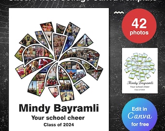 Könnte beinhalten: Eine schwarz-weiße Foto-Collage-Vorlage in Form eines Cheerleader-Pompons. Die Vorlage ist für 42 Fotos ausgelegt. Der Text "Mindy Bayramli Your school cheer Class of 2024" befindet sich am unteren Rand der Vorlage. Der Text "Edit in Canva for free" befindet sich in einem blauen Kreis.