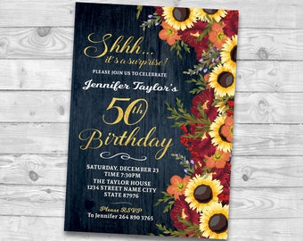 Fall Surprise  Birthday Invitation Surprise 50th Birthday Invitation Fall Floral Birthday Invitation Rustic Birthday Invite 60th 50th 40th