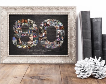 May include: A framed photo collage in a silver frame with a black background. The collage is made up of photos of people and is arranged in the shape of the number 80. The text "Happy Birthday James" and "February 6th, 2011" is printed below the collage.