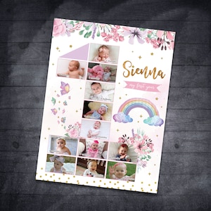 Póster fotográfico del primer cumpleaños de arcoíris Acuarela de arcoíris Collage de los primeros 12 meses Tablero fotográfico del primer año de arcoíris Letrero de fondo del primer año del bebé