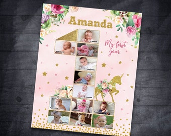 Collage de los primeros 12 meses de unicornio, póster con fotos del primer cumpleaños de unicornio, tablero con fotos del primer año, letrero de fondo del primer año del bebé, collage de fotos