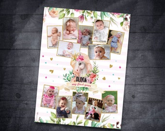 Collage de los primeros 12 meses de unicornio Póster de fotos del primer cumpleaños de unicornio Tablero de fotos del primer año Letrero de fondo del primer año del bebé Collage de fotos
