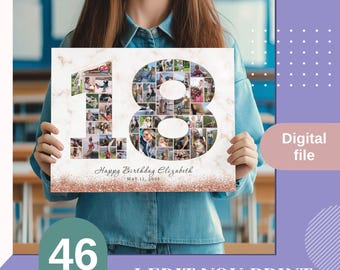 Glitter 18th birthday photo collage, Rose Gold 18th birthday gift, 18. geburtstag mädchen, 18th birthday gifts for girls personalize