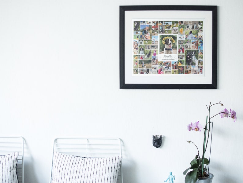 May include: A black framed photo collage of a dog with the name "Camille" written below the image. The collage is hanging on a white wall above a white metal bed frame with a striped pillow.