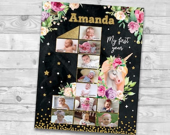 Póster con foto del primer cumpleaños de unicornio, collage de los primeros 12 meses de unicornio, tablero de fotos del primer año, letrero de fondo del primer año del bebé, collage de fotos