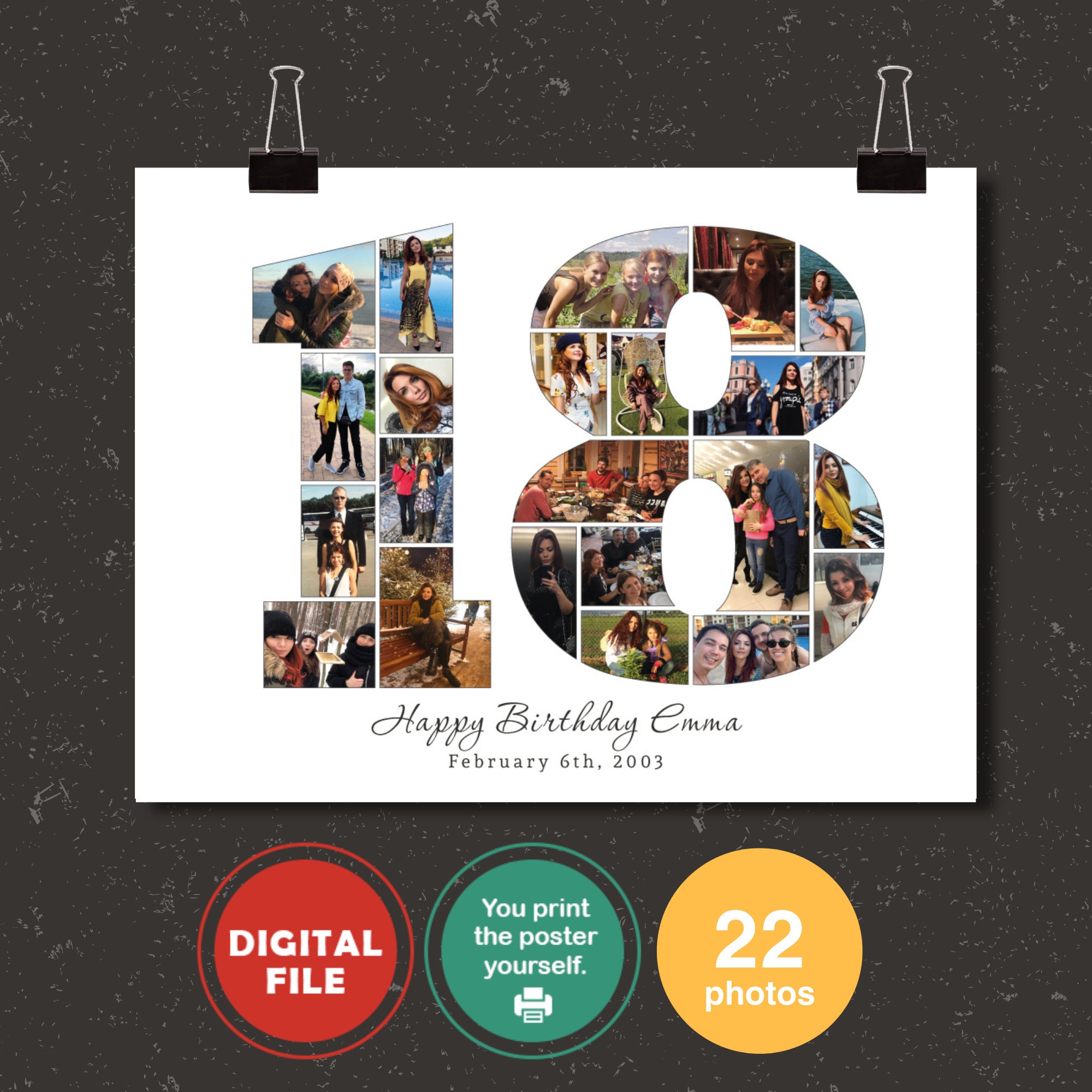 18th Birthday Custom Photo Collage Personalized Number Collage Printable  Birthday Gift 