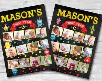 Puede incluir: Una pizarra negra con una pancarta amarilla y roja que dice "El primer año de Mason". La pizarra está decorada con ilustraciones de monstruos coloridos y tiene 12 cuadrados para fotos del primer año de un bebé.