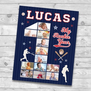 Baseball 1st birthday photo poster, Baseball First 12 months collage, First year photo board baseball, Baseball Birthday Party