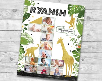 Safari First 12 months collage, Jungle 1st birthday photo poster, Jungle First year photo board, Wild One Photo Poster