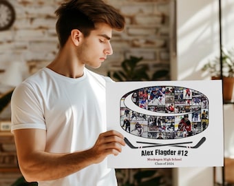 May include: A white print featuring a hockey puck design filled with action shots. Below the puck are two hockey sticks and text that reads "Alex Flagder #12 Muskegon High School Class of 2024."