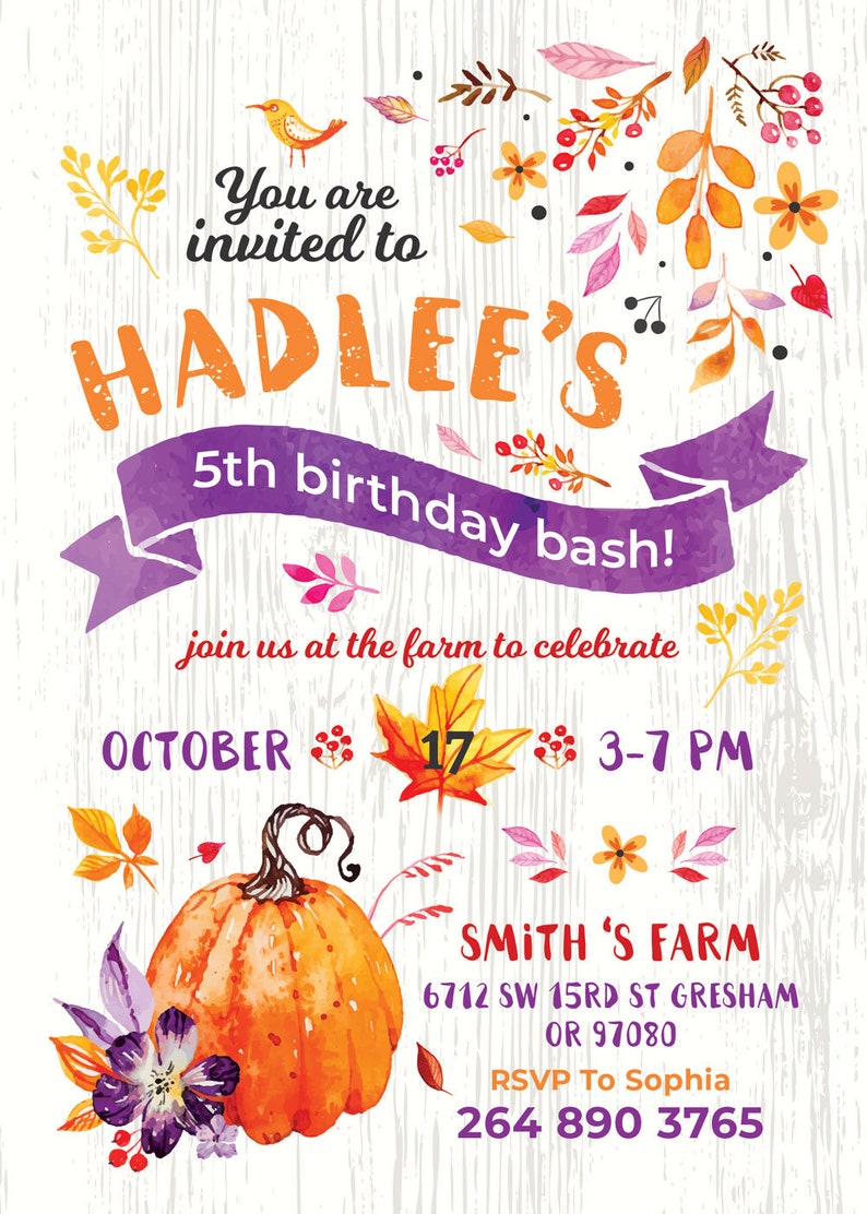 Fall Birthday Invitation Autumn Birthday Invitation Pumpkin - Etsy