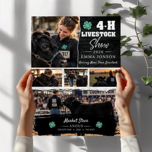 Puede incluir: Un póster rectangular para el 4-H Livestock Show 2026 con Emma Jonson. El diseño incluye varias fotografías de una persona con un buey Angus negro, el texto 4-H Livestock Show 2026, Raising More Than Livestock y Market Steer.