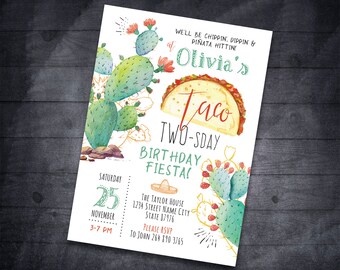 May include: A colorful invitation for a "Taco Two-Sday" birthday party. The invitation features a watercolor illustration of a cactus and a taco. The text on the invitation reads "Well be chippin, dippin & piñata hittin at Olivia's Taco Two-Sday Birthday Fiesta!" The invitation also includes the date, time, and location of the party.