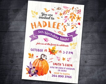 Fall Birthday Invitation Autumn Birthday Invitation Pumpkin Birthday Halloween Birthday purple orange Pumpkin Party Girl Birthday Invitation