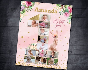 Bunny First 12 months collage, Bunny 1st birthday photo poster, Bunny First year photo board, Bunny Baby's First Year backdrop sign