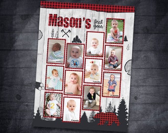 Lumberjack First 12 months collage 1st birthday photo poster First year photo board Baby&#39;s First Year backdrop sign Photo collage Birthday