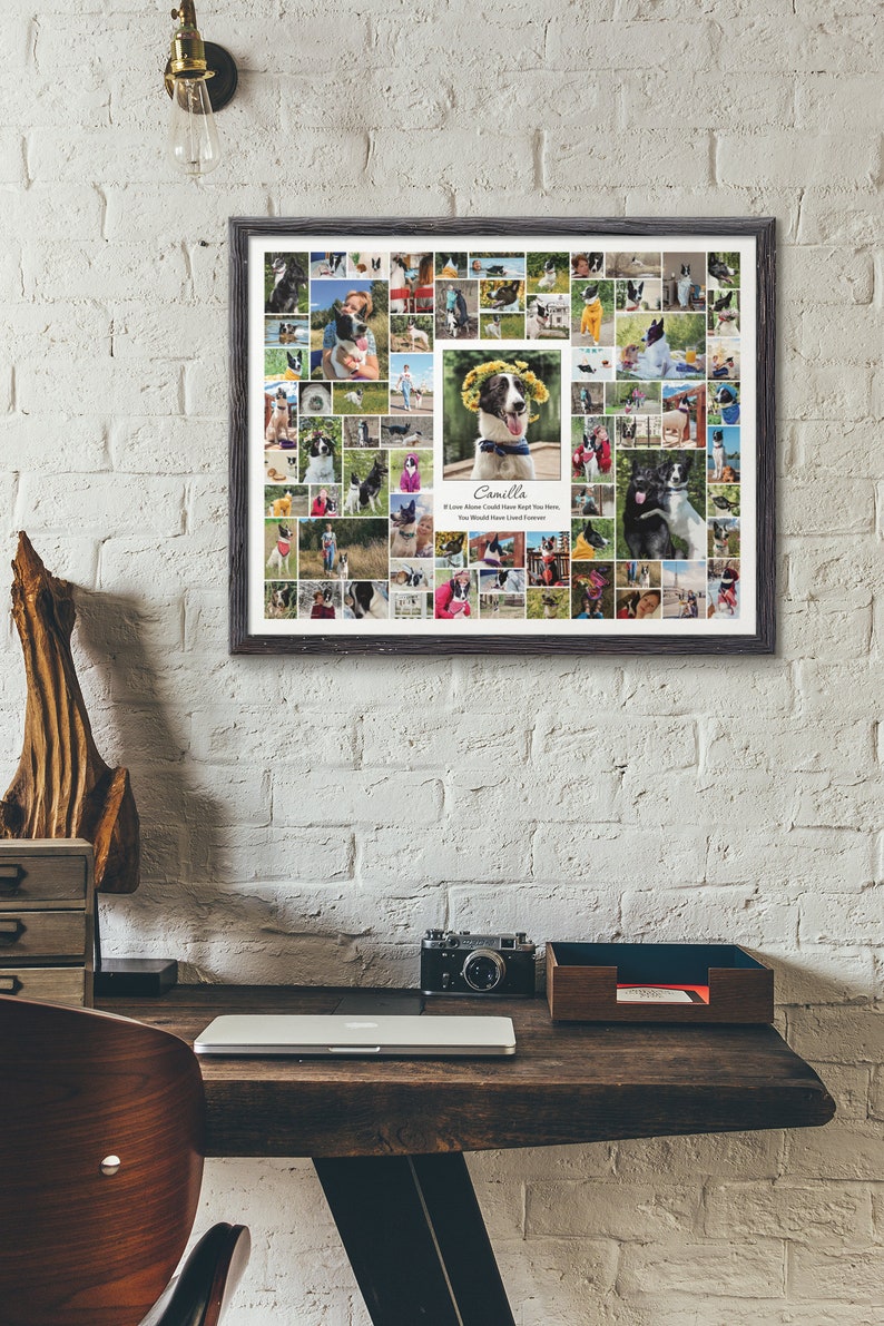 May include: A framed collage of photos featuring a black and white dog named Camilla. The collage includes photos of the dog in various settings, including outdoors, indoors, and with people. The text "Camilla" and "If Love Alone Could Have Kept You Here, You Would Have Lived Forever" is printed below the photos.