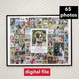 May include: A black and white photo collage of a dog named Camilla. The collage is made up of 65 photos of the dog in various poses and settings. The text "Camilla If Love Alone Could Have Kept You Here, You Would Have Lived Forever" is printed below the collage.