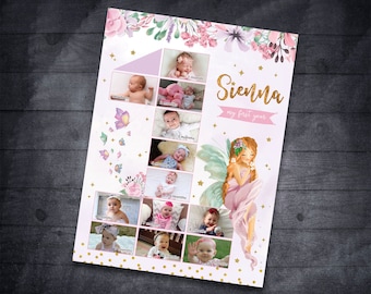 Fairy 1st birthday photo poster, Fairy First 12 months collage, First year photo board, Baby&#39;s First Year backdrop sign, Photo collage