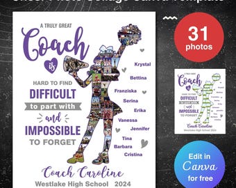 Może przedstawiać: Kolaż z sylwetki cheerleaderski w kolorze fioletowym i białym z fotografiami cheerleaderek. Tekst "A truly great Coach is hard to find, difficult to part with, and impossible to forget" znajduje się po lewej stronie obrazu. Tekst "Coach Caroline Westlake High School 2024" znajduje się na dole obrazu. Tekst "31 photos" znajduje się w kółku w prawym górnym rogu obrazu.