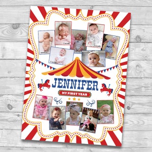 Collage de los primeros 12 meses de Carnaval Cartel con foto del primer cumpleaños de Carrusel Tablero con fotos del primer año de Circo Letrero de fondo del primer año del bebé de Carnaval