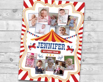 Carnival First 12 months collage Carousel 1st birthday photo poster Circus First year photo board Carnival Baby's First Year backdrop sign