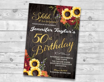 Fall Birthday Invitation for Women Surprise 50th Birthday Invitation Fall Floral Birthday Invite Rustic Birthday Invitation 60th 50th 40th