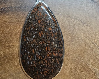 May include: A silver chain necklace with a teardrop-shaped pendant featuring a fossilized stone with brown, orange, and white patterns.