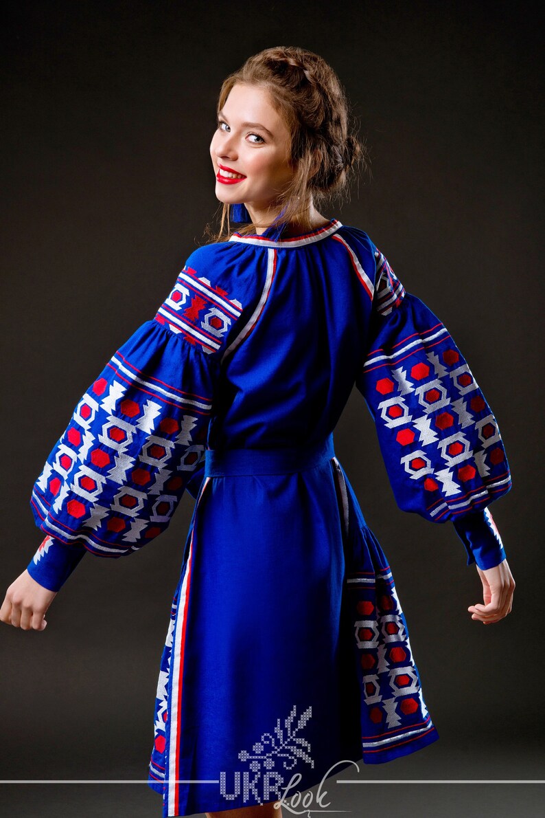 Blue Linen Embroidered Dress Vyshyvanka Ukrainian Dress Etsy UK