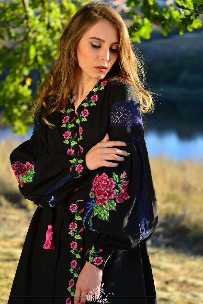 Black linen embroidered dress vyshyvanka ukrainian dress etsy Black linen embroidered dress vyshyvanka ukrainian dress etsy