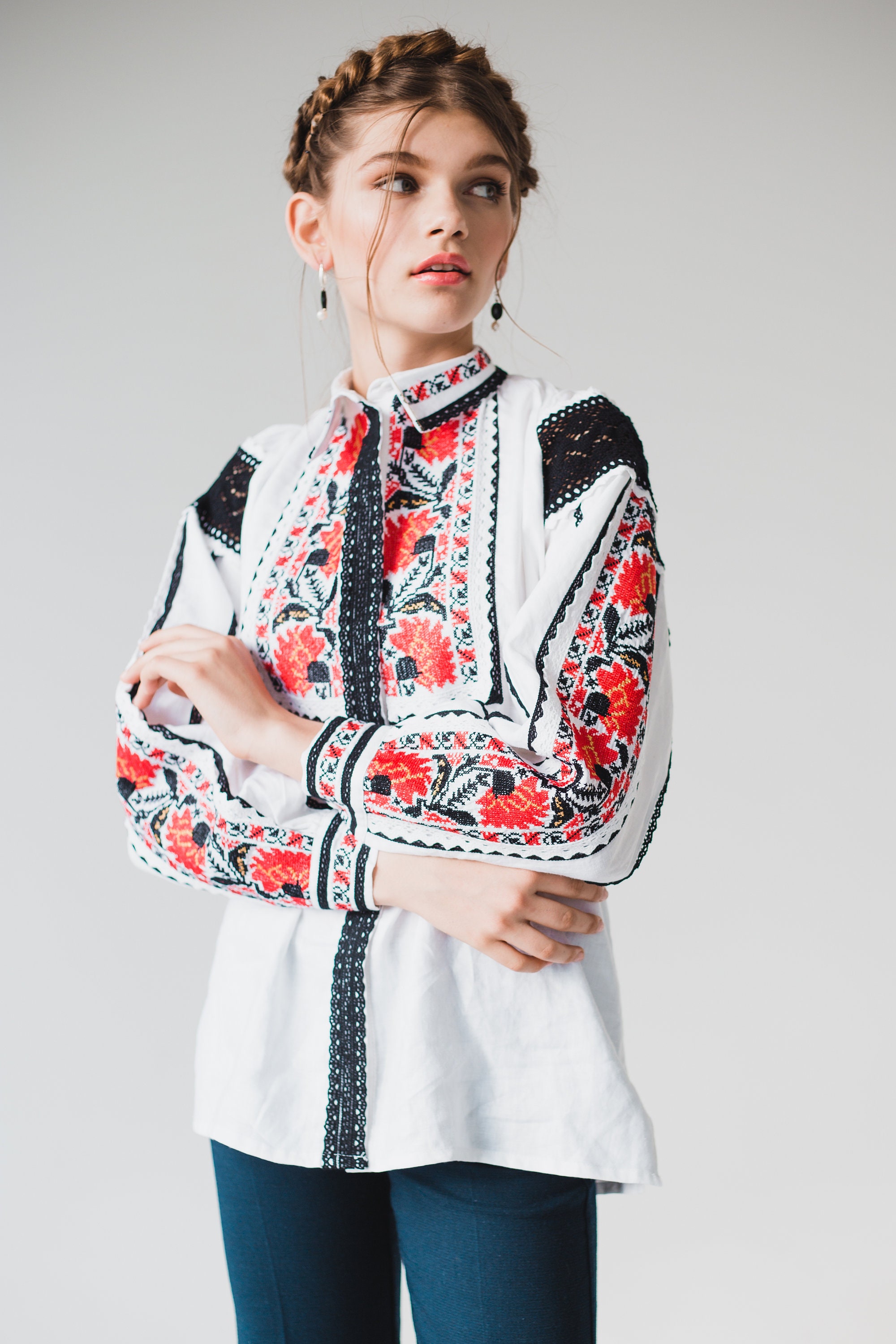 White linen Vyshyvanka ukrainian embroidered blouse Etsy