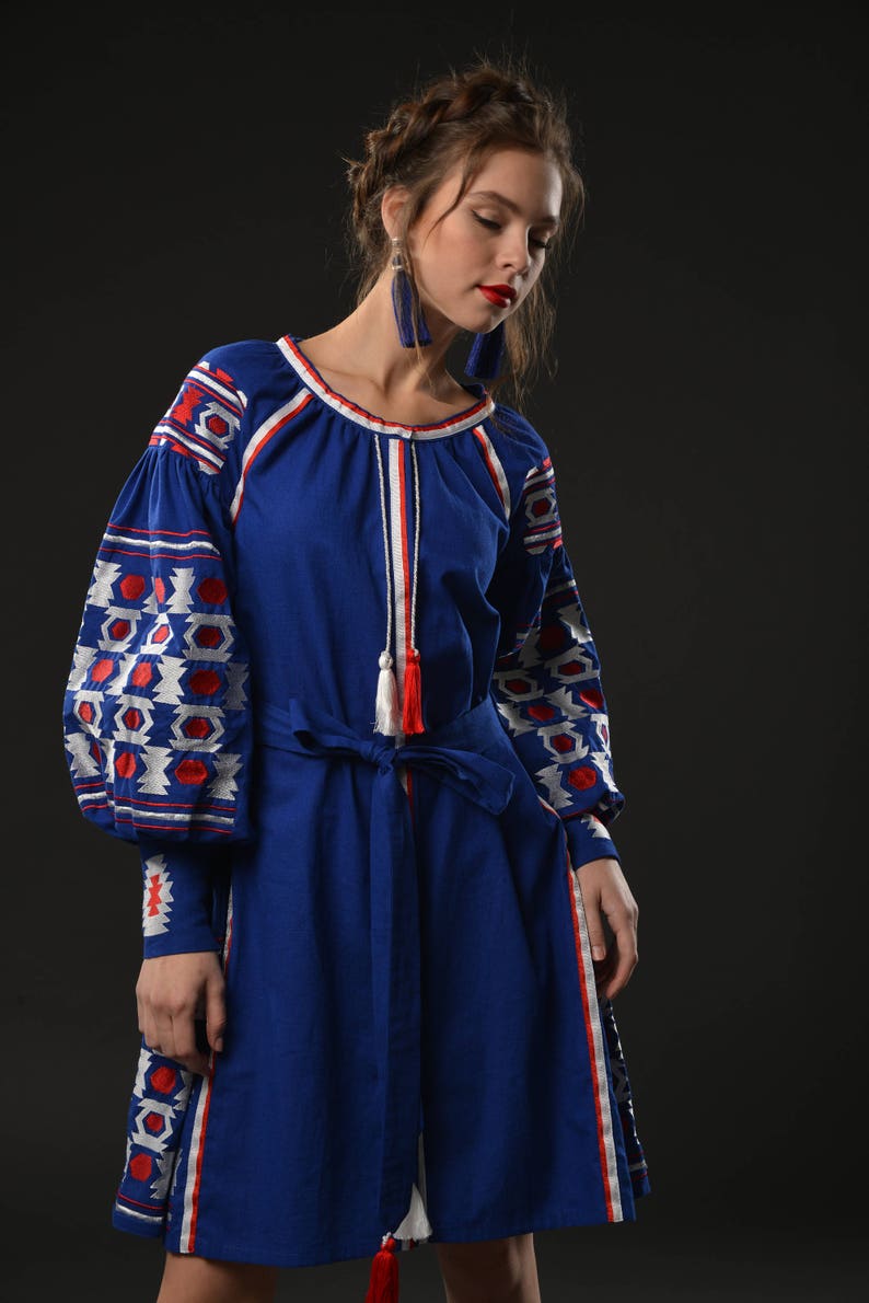 Blue Linen Embroidered Dress Vyshyvanka Ukrainian Dress Etsy UK