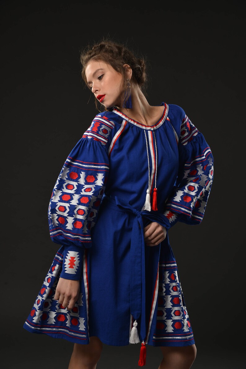 Blue Linen Embroidered Dress Vyshyvanka Ukrainian Dress Etsy UK