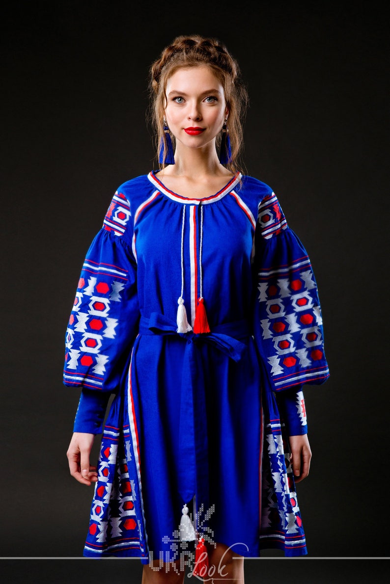 Blue Linen Embroidered Dress Vyshyvanka Ukrainian Dress Etsy UK