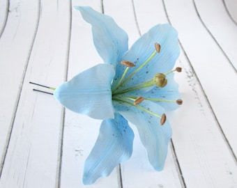 Sky Blue Lily Hair Pin - Bridesmaid Hair Flower - Aqua Blue Wedding Lily Hair Accessory, Bridal Hair Pin Flower Pale Blue Tiger Lily Hairpin