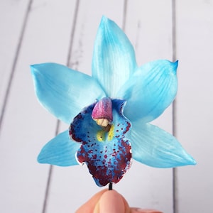 Blue Cymbidium Orchid Hair Pin -  Beach Orchid Flower Hair Clip - Beach Party Tropical Wedding Hair Pin, Tropical Hawaiian Floral Hair Pin