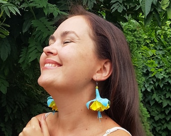 Big Flower Earrings - Ukrainian Long Lightweight Earrings - Fushia Dangle Drop Earrings - Unique Dainty Floral Earrings - Bohemian Earrings