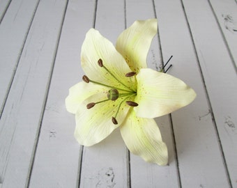 Ivory Lily Hair Pin - Bride Large Hair Decoration Real Flower - Cream Ivory Bridal Flower Girl Hair Accessories Wedding Bridesmaid Hair Pin