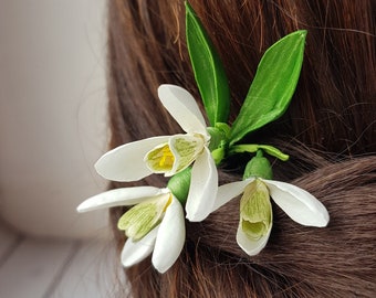 Snowdrop Hairpin - Spring Bridal Flower Hair Pin - Flowers Hair Accessories - Floral Wedding Flowers Hair Decoration, Bridesmaid Hair Flower