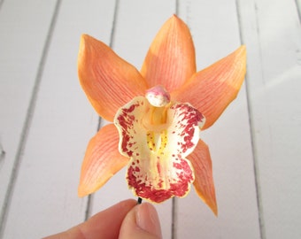 Orange Cymbidium Orchid Hair Pin - Peach Tropical Orchid Flower Hair Clip - Beach Party Wedding Hair Pin, Tropical Hawaiian Floral Hair Pin