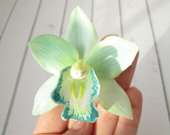 Mint Orchid Hair Pin - Tropical Cymbidium Orchid Hair Clip - Bridesmaids Beach Hair Pin - Hawaiian Summer Hair Accessory, Bridal Hair Flower