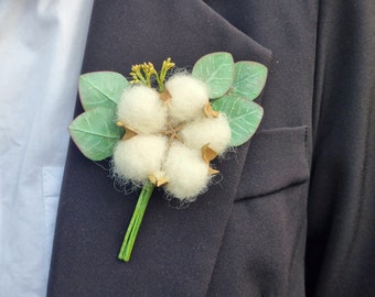 Boutonniere - Cotton flower buttonhole - Rustic boutonniere - Wedding boutonniere - Flower boutonniere -Wedding buttonhole Groom buttonhole