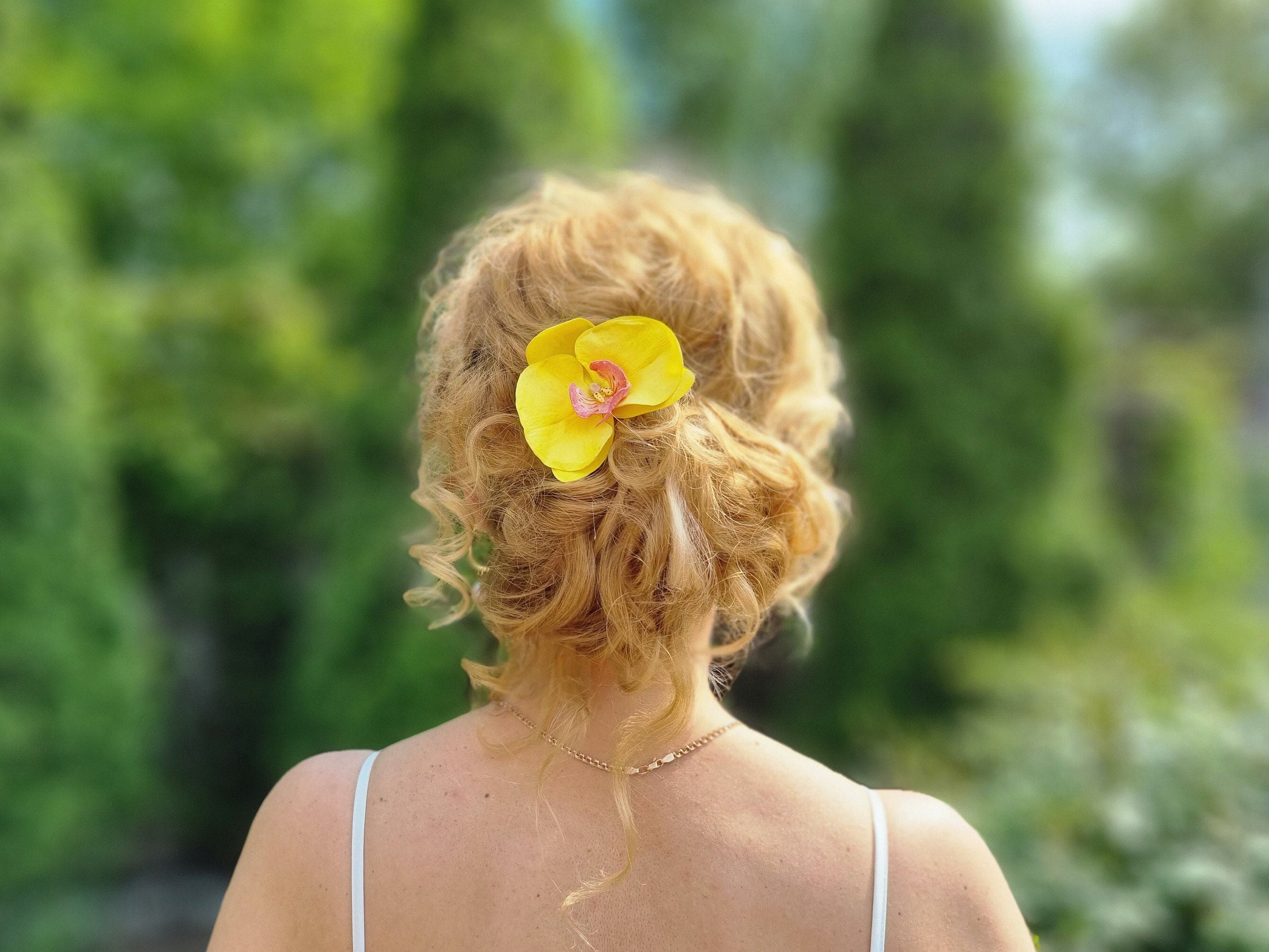 Handmade Real Yellow Orchid Hair Clip -  Floral Accent Polynesian Orchid Hair Clip: Tahitian Costume, Tropical  main image 2