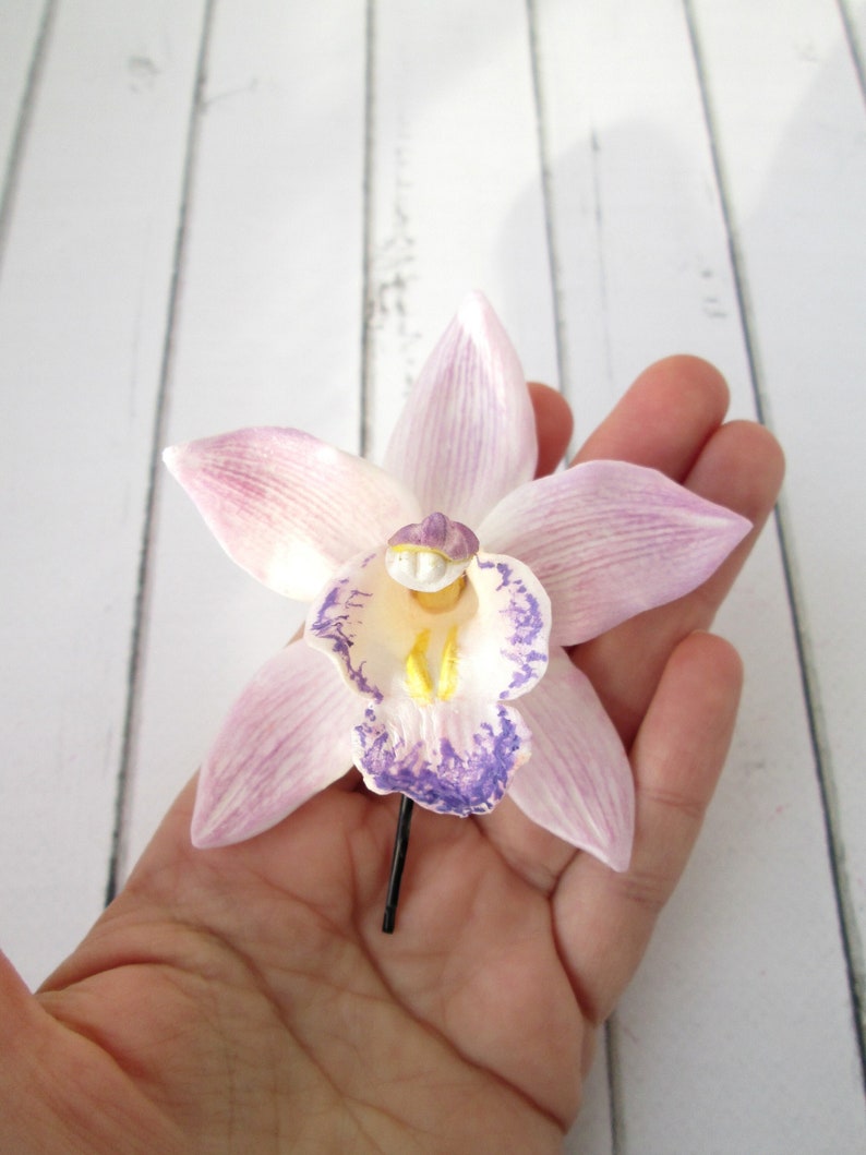 Tropical Lavender Orchid Hair Pin Violet Cymbidium Orchid Bridal Hair Flower Bridesmaids Beach Wedding Hair Pin Hawaiian Hair Flower image 1