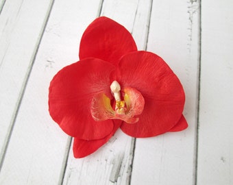 Red Orchid Hair Clip - Real Touch Orchid - Bridal Hair Clip - Floral Hair Accessories - Wedding Red Flower Hair - Summer Orchid Hair Pin