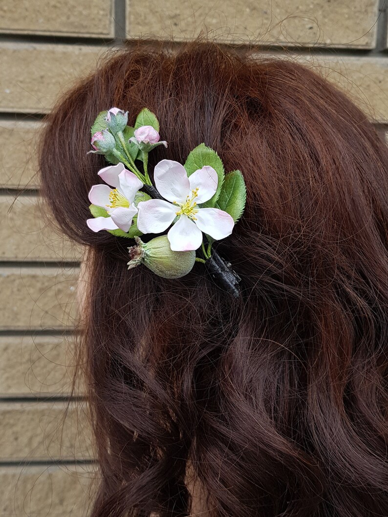 Apple blossom bridal hair pins, Pink Cherry blossom flower hair piece, Boho wedding flower hair pins, Floral headpiece bridal accessories image 6