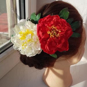 Red Peony Hair Pin Rustic Bridal Floral Hair Accessory Chic Bridal Red Peony Hair Pin Wedding Headpiece, Spring Flower Hair Decoration image 8
