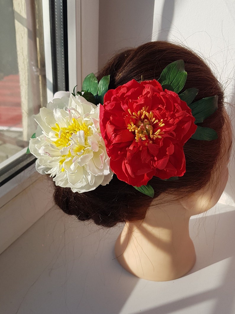 Red Peony Hair Pin Rustic Bridal Floral Hair Accessory Chic Bridal Red Peony Hair Pin Wedding Headpiece, Spring Flower Hair Decoration image 8