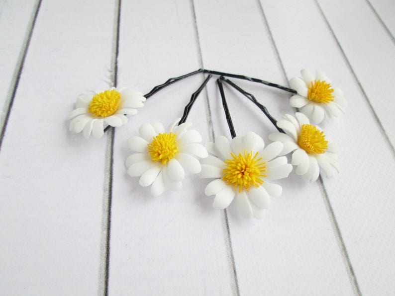Set White Daisies Hair Pin Accessories Daisy Flower Hair Etsy