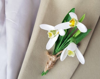 Spring wedding boutonniere - Snowdrop brooch - White bridesmaid flower, Snowdrop weddind flowers buttonhole, Rustic Bridesmaid floral brooch